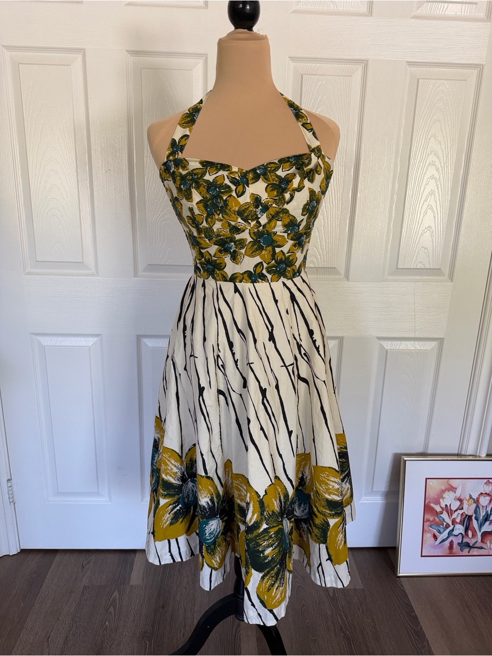 Halter Chartreuse Floral Midi Dress in White, Mustard & Green artsy style